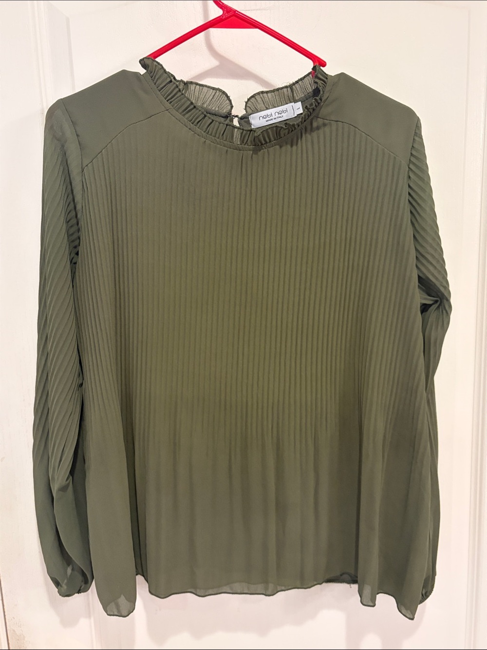 Neti Neti Olive Green Pleated Ruffle Neck Blouse